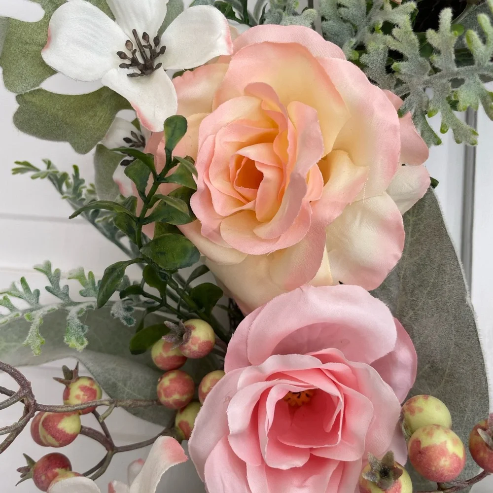 The Farmhouse Rachel Ashwell Spring Floral Wreath with Pink and Peach Roses 18”